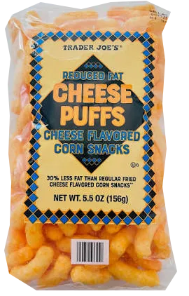 Trader Joe’s Reduced Fat Cheese Puffs package, original photo with background removed