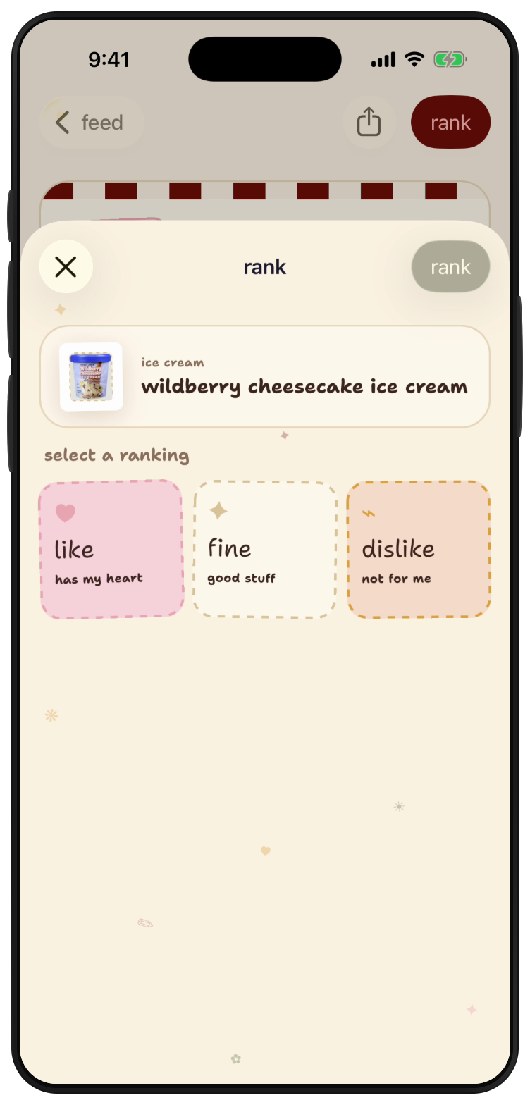 finds ranking screen for Wildberry Cheesecake Ice Cream with like, fine and dislike choices