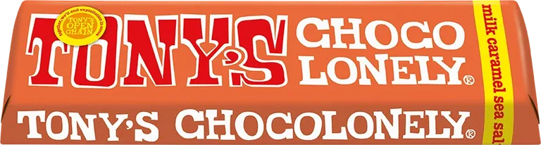 Tony's Chocolonely Milk Caramel Sea Salt Chocolate Bar package, catalog cutout