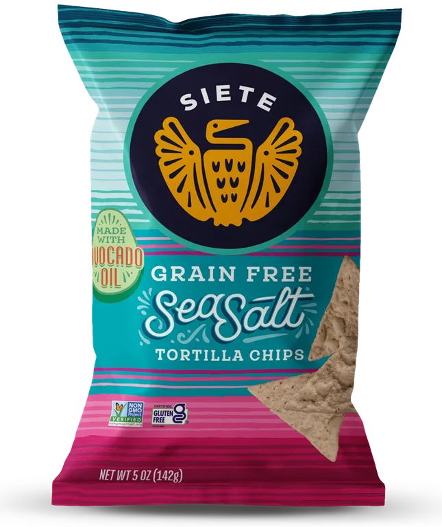 Siete Grain Free Sea Salt Tortilla Chips package, catalog cutout